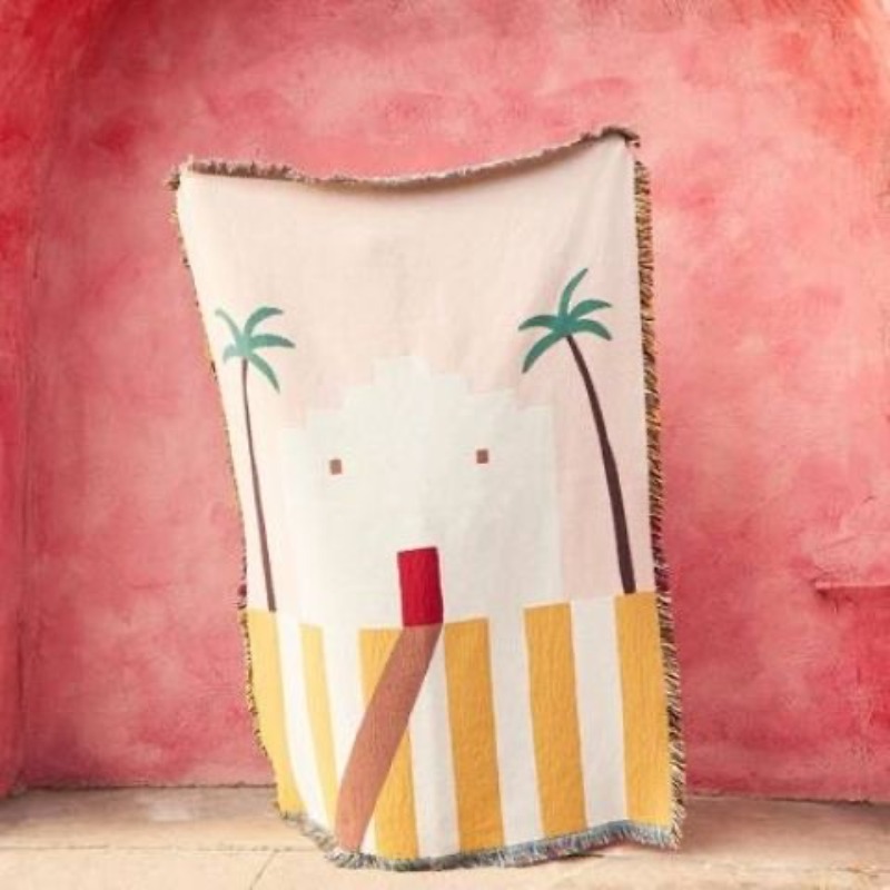 Boho Throw Blanket Fringe - Couverture décorative rose pastel style désertique,